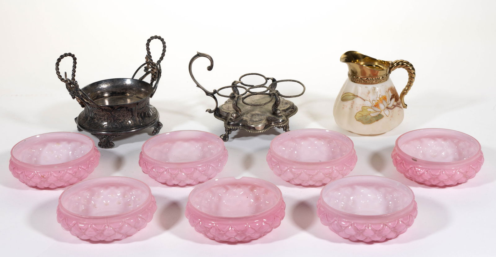 ASSORTED VICTORIAN ARTICLES, LOT OF TEN: ASSORTED VICTORIAN ARTICLES, LOT OF TEN, comprising a Smith Brothers opal creamer with polychrome nymphaea flower decoration, gilt outline and lion-in-shield mark under base, seven Cone individual sau