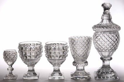ASSORTED EUROPEAN CUT STRAWBERRY DIAMONDS GLASS TABLE ARTICLES, LOT OF FIVE