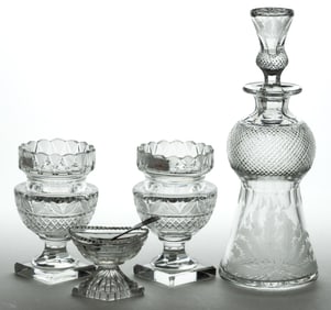 ASSORTED BRITISH CUT GLASS ARTICLES, LOT OF FOUR PLUS SPOON
