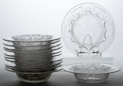 SET OF TWELVE AMERICAN OR ENGLISH BRILLIANT PERIOD INTAGLIO CUT / ROCK CRYSTAL ENGRAVED GLASS SOUP