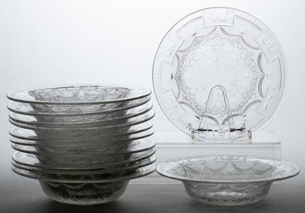 SET OF TWELVE AMERICAN OR ENGLISH BRILLIANT PERIOD INTAGLIO CUT / ROCK CRYSTAL ENGRAVED GLASS SOUP: SET OF TWELVE AMERICAN OR ENGLISH BRILLIANT PERIOD INTAGLIO CUT / ROCK CRYSTAL ENGRAVED GLASS SOUP BOWLS, colorless lead glass, deep bowls with wide flaring rims each engraved with foliate and vine de