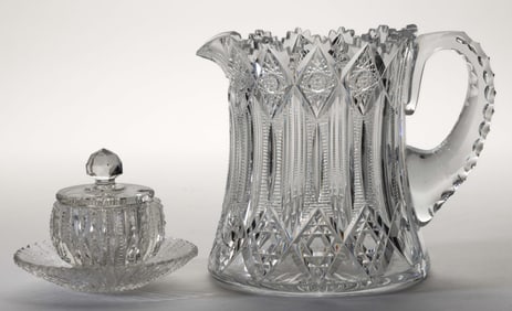 AMERICAN BRILLIANT CUT GLASS HAWKES PITCHER AND MUSTARD WITH TRAY, LOT OF THREE