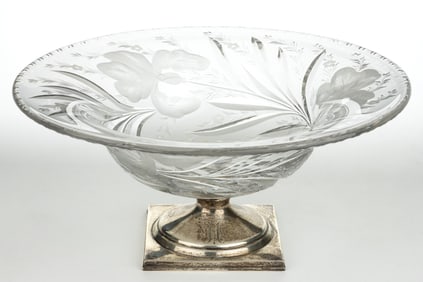 HAWKES IRIS GRAVIC CUT GLASS CENTERPIECE BOWL WITH STERLING SILVER FOOT