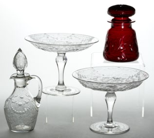 ROCK CRYSTAL STYLE CUT GLASS TABLE ARTICLES, LOT OF FOUR