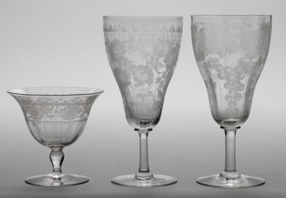LOCKE ART ETCHED CRYSTAL DRINKING GLASSES / STEMWARE ARTICLES, LOT OF THREE