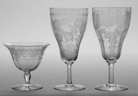 LOCKE ART ETCHED CRYSTAL DRINKING GLASSES / STEMWARE ARTICLES, LOT OF THREE: LOCKE ART ETCHED CRYSTAL DRINKING GLASSES / STEMWARE ARTICLES, LOT OF THREE, colorless and frosted, comprising a Grapes and Lines water goblet signed within the pattern, an etched goblet with floral d