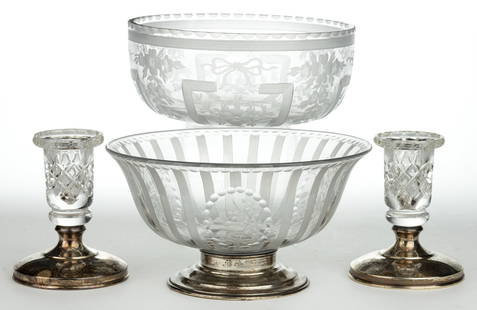 ASSORTED HAWKES CUT AND ENGRAVED GLASS ARTICLES, LOT OF FOUR: ASSORTED HAWKES CUT AND ENGRAVED GLASS ARTICLES, LOT OF FOUR, colorless lead glass, comprising an engraved bowl with cut-scalloped rim, polished pontil mark, and acid-etched signature, a bowl featurin
