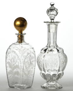 ASSORTED 19TH AND 20TH CENTURY ENGRAVED DECANTERS, LOT OF TWO: ASSORTED 19TH AND 20TH CENTURY ENGRAVED DECANTERS, LOT OF TWO, colorless glass, comprising a Lobmeyr attributed baluster-form long-necked footed example having lobes/gadrooning around shoulder and bas