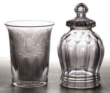ANGLO-IRISH CUT / ENGRAVED GLASS DRINKING ARTICLES, LOT OF TWO: ANGLO-IRISH CUT / ENGRAVED GLASS DRINKING ARTICLES, LOT OF TWO, colorless lead glass, comprising one bell-form stirrup cup having cut paneling and a sharp diamond band towards the lower extremity; and
