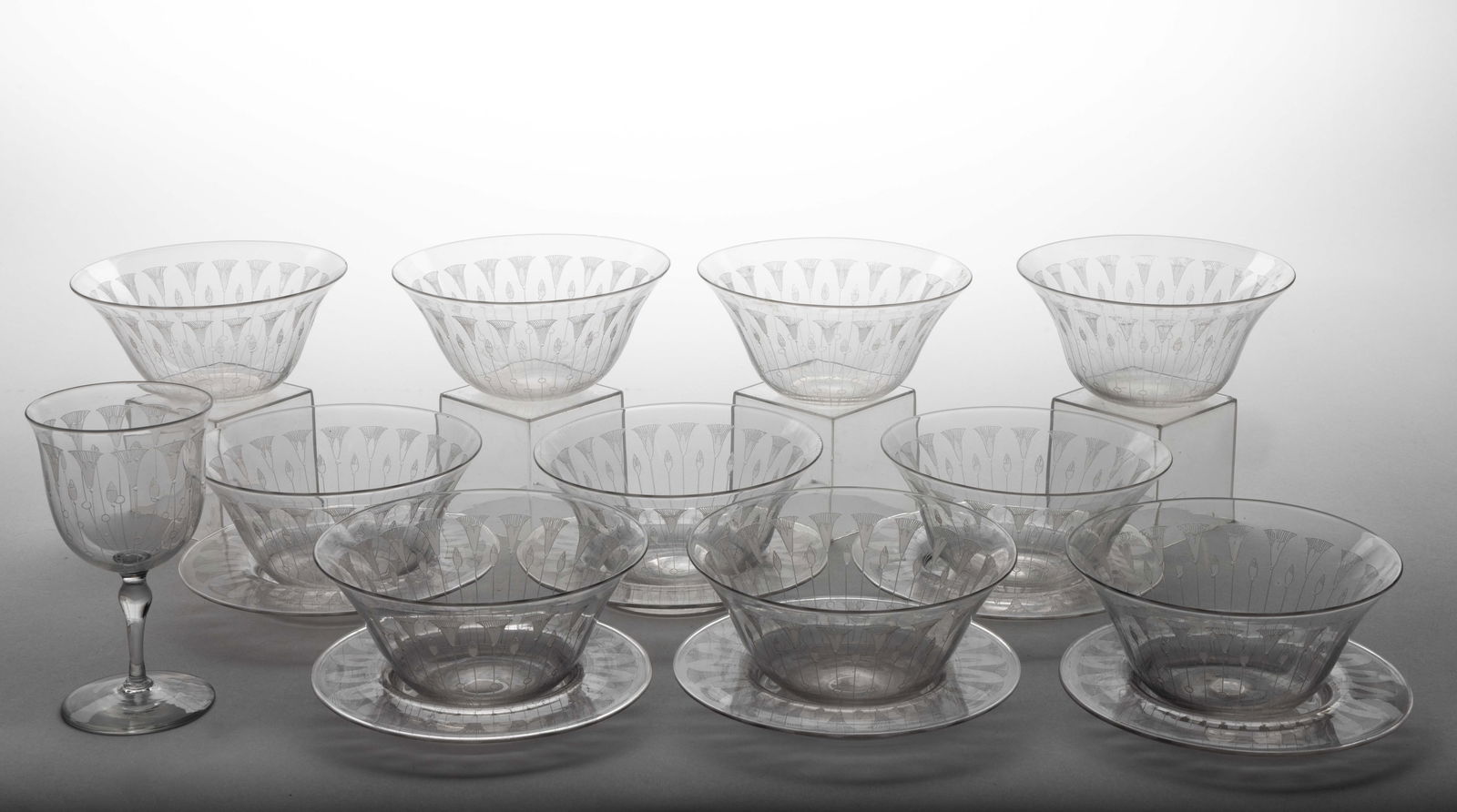 BRYCE BROS. "NEEDLE ETCHED LILIES" GLASS ARTICLES, LOT OF 17 (1 of 1)