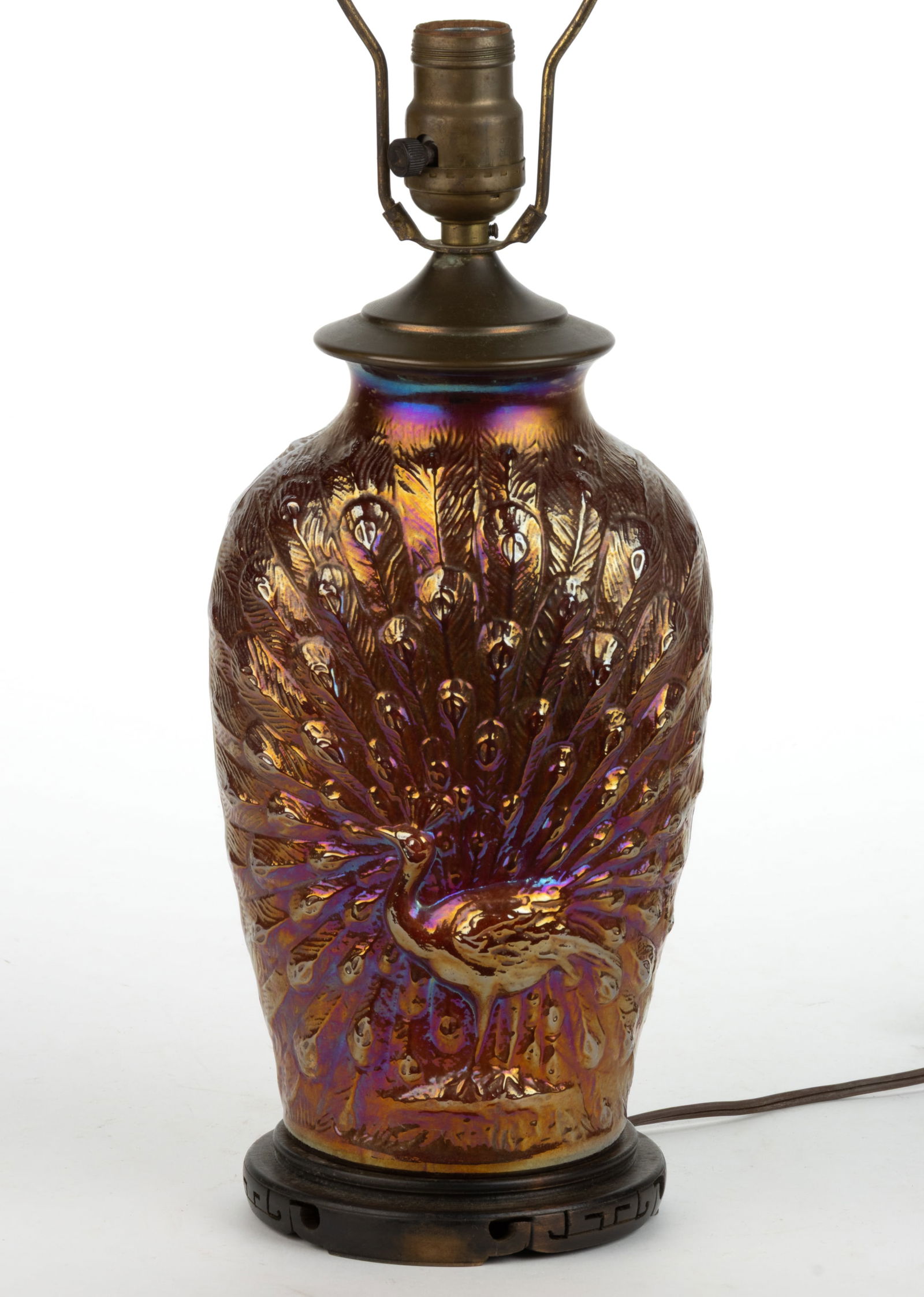 HOCKING GLASS CO. PEACOCK CARNIVAL GLASS ELECTRIC TABLE LAMP (1 of 2)