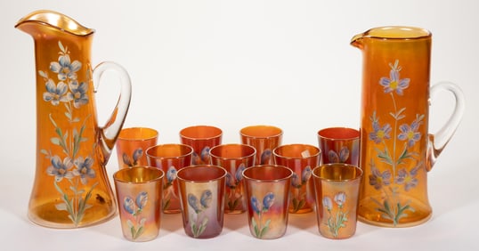 NORTHWOOD CARNIVAL ENAMEL-DECORATED GLASS DRINKING ARTICLES, LOT OF 13