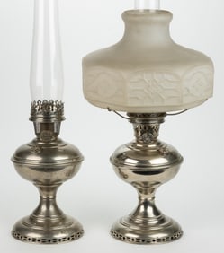 ALADDIN MODELS 4 AND 6 NICKEL-PLATED BRASS KEROSENE STAND TABLE LAMPS, LOT OF TWO