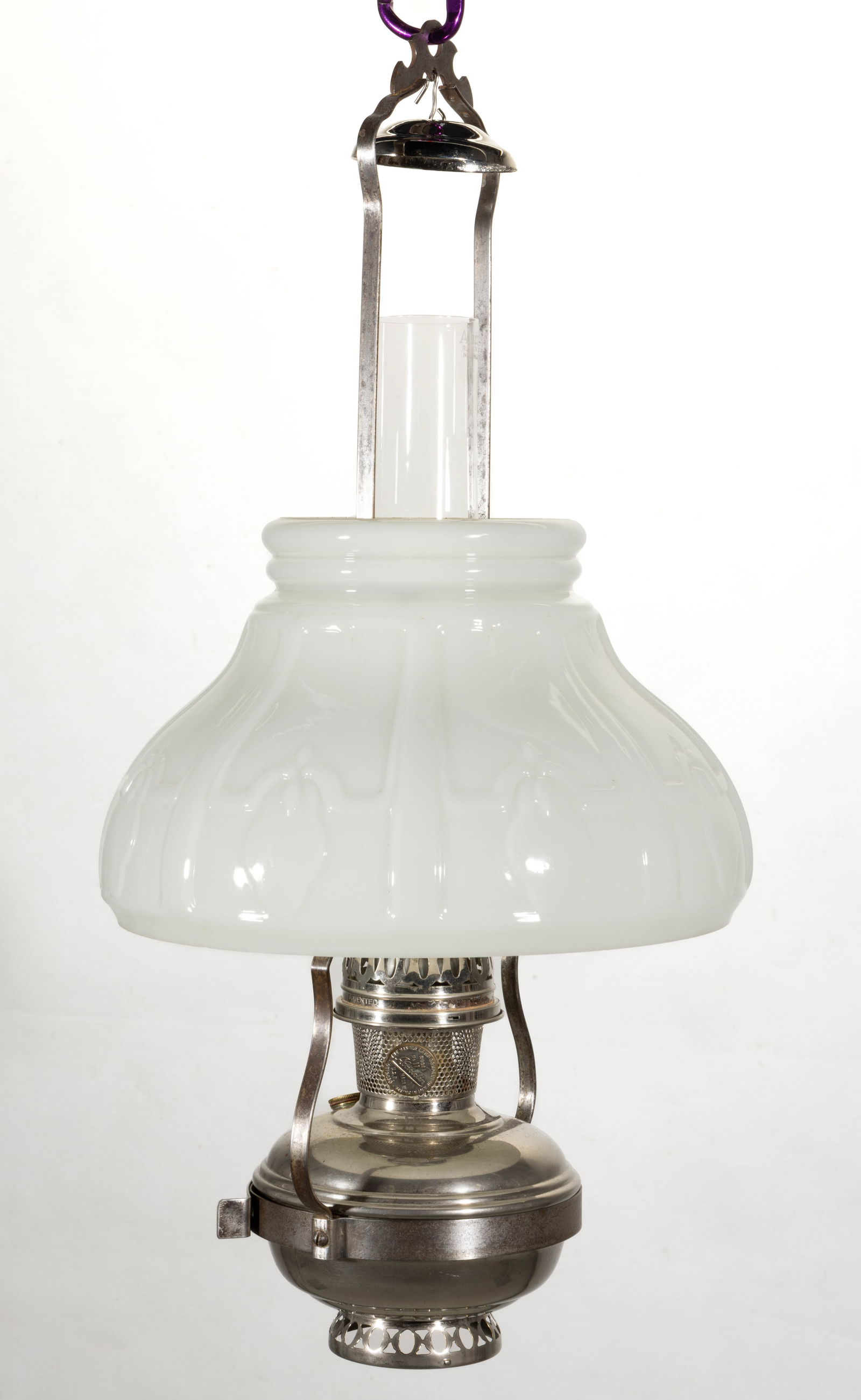 ALADDIN MODEL NO. 11 NICKEL-PLATED BRASS AND METAL KEROSENE HANGING LAMP: ALADDIN MODEL NO. 11 NICKEL-PLATED BRASS AND METAL KEROSENE HANGING LAMP, Davis harp-form nickel-plated metal frame with font holder, upper part of frame fitted with shade support band, unpatterned dr