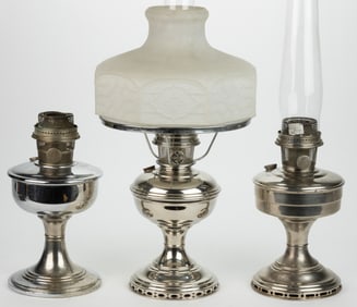 ALADDIN MODELS 11 AND 12 NICKEL-PLATED BRASS KEROSENE TABLE LAMPS, LOT OF THREE