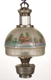 ALADDIN MODEL NO. 12 NICKEL-PLATED BRASS AND METAL FOUR-POST KEROSENE HANGING LAMP