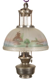 ALADDIN MODEL NO. 12 NICKEL-PLATED BRASS AND METAL FOUR-POST KEROSENE HANGING LAMP