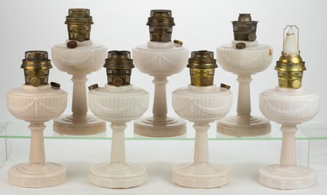 ALADDIN MODEL B-75 / LINCOLN DRAPE TALL KEROSENE STAND LAMPS, LOT OF SEVEN