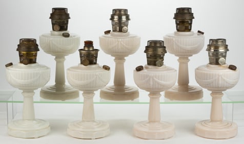 ALADDIN MODEL B-75 / LINCOLN DRAPE TALL KEROSENE STAND LAMPS, LOT OF SEVEN