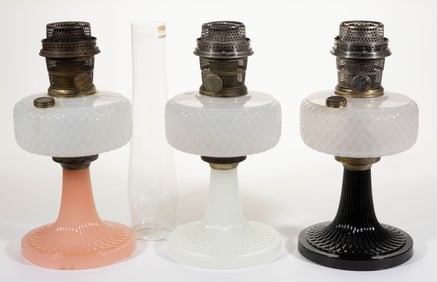 ALADDIN MODEL B-85, B-90, AND B-91 / DIAMOND-QUILT KEROSENE STAND LAMPS, LOT OF THREE
