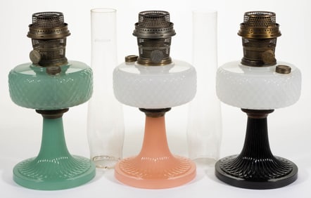 ALADDIN MODEL B-86, B-90, AND B-91 / DIAMOND-QUILT KEROSENE STAND LAMPS, LOT OF THREE