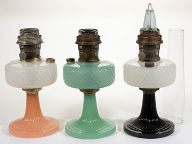 ALADDIN MODEL B-86, B-90, AND B-91 / DIAMOND-QUILT KEROSENE STAND LAMPS, LOT OF THREE