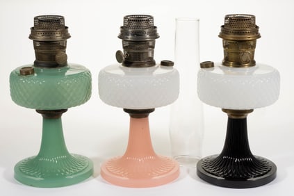 ALADDIN MODEL B-86, B-90, AND B-91 / DIAMOND-QUILT KEROSENE STAND LAMPS, LOT OF THREE