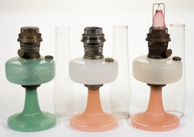 ALADDIN MODEL B-86 AND B-91 / DIAMOND-QUILT KEROSENE STAND LAMPS, LOT OF THREE
