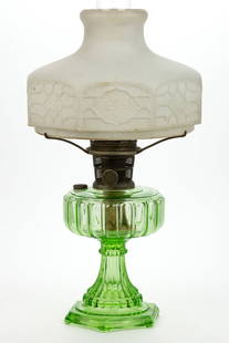 ALADDIN MODEL 108 / CATHEDRAL KEROSENE STAND LAMP: ALADDIN MODEL 108 / CATHEDRAL KEROSENE STAND LAMP, Green Beta Crystal (apple green), each with a hexagonal-form foot with underside having six oblong toes, side-refill feature, and a nickel-plated col