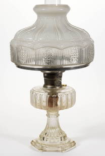 ALADDIN MODEL 108 / CATHEDRAL KEROSENE STAND LAMP: ALADDIN MODEL 108 / CATHEDRAL KEROSENE STAND LAMP, Clear Beta Crystal, featuring a hexagonal-form foot with underside having six oblong toes, side-refill feature, and a nickel-plated collar. Fitted wi