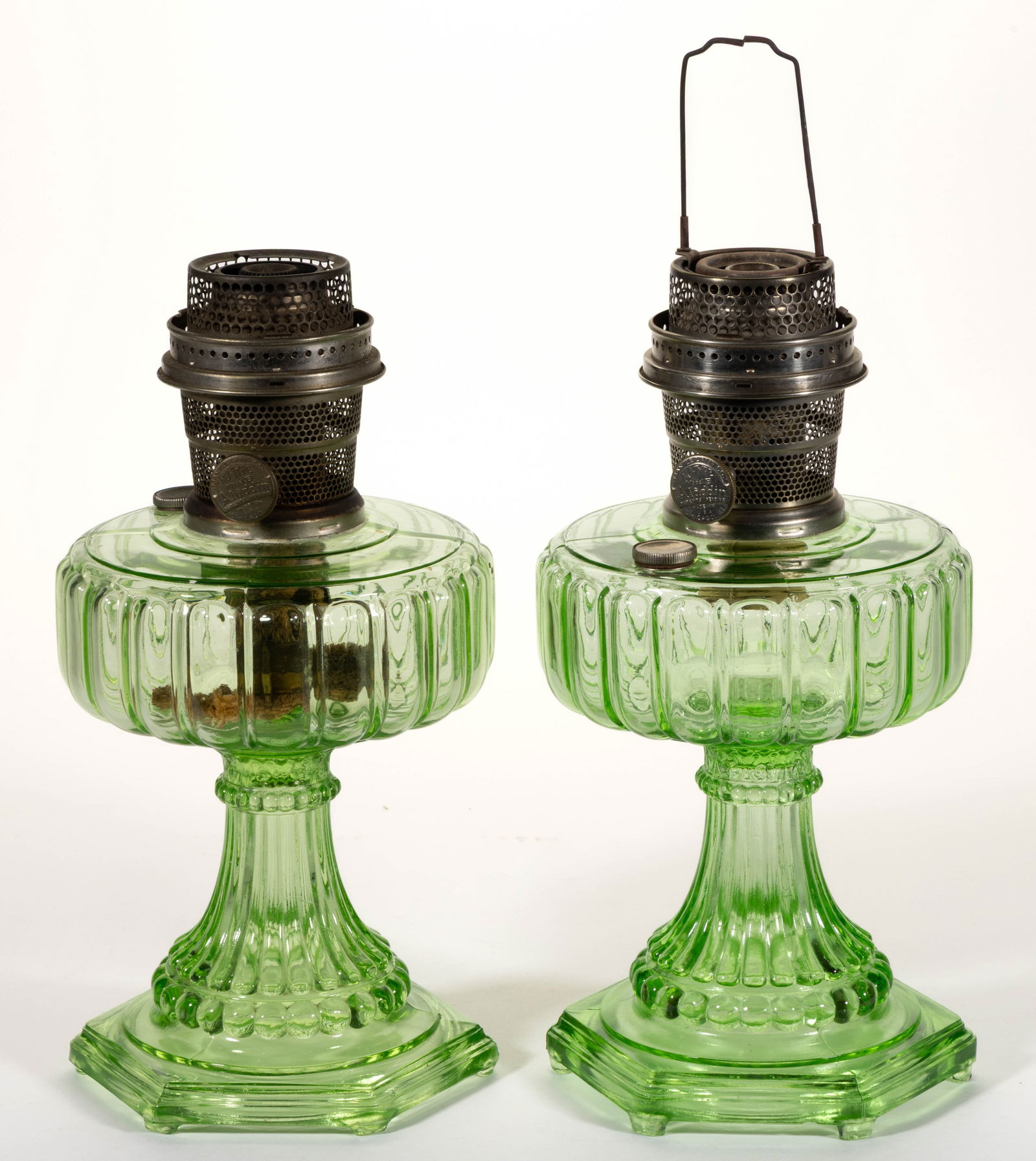 ALADDIN MODEL 108 / CATHEDRAL KEROSENE STAND LAMPS, LOT OF TWO