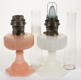 ALADDIN MODEL 110 AND 112 / CATHEDRAL KEROSENE STAND LAMPS, LOT OF TWO