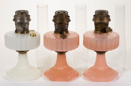 ALADDIN MODELS B-110 AND B-112 / CORINTHIAN KEROSENE STAND LAMPS, LOT OF THREE