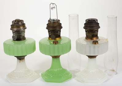 ALADDIN MODELS B-110 AND B-111 / CORINTHIAN KEROSENE STAND LAMPS, LOT OF THREE