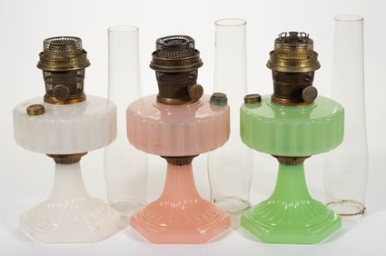 ALADDIN MODELS B-110, B-111, AND B-112 / CORINTHIAN KEROSENE STAND LAMPS, LOT OF THREE