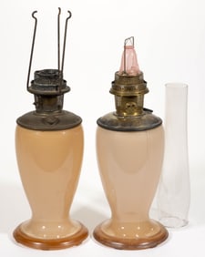 ALADDIN MODEL NO. 1231 ALPHA ART GLASS KEROSENE SHORT VASE LAMPS, NEAR PAIR