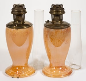 ALADDIN MODEL NO. 1245 VENETIAN ART-CRAFT KEROSENE SHORT VASE LAMPS, NEAR PAIR