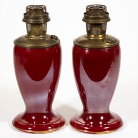 ALADDIN MODEL NO. 1247 VENETIAN ART-CRAFT KEROSENE SHORT VASE LAMPS, NEAR PAIR