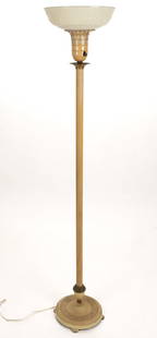 FAIRMOUNT TORCHIERE ELECTRIC FLOOR LAMP WITH ALACITE REFLECTOR / SHADE: FAIRMOUNT TORCHIERE ELECTRIC FLOOR LAMP WITH ALACITE REFLECTOR / SHADE, white-painted cast-metal with brass-toned trimmings, four-footed base embossed "FAIRMOUNT" and "263" to the underside which supp