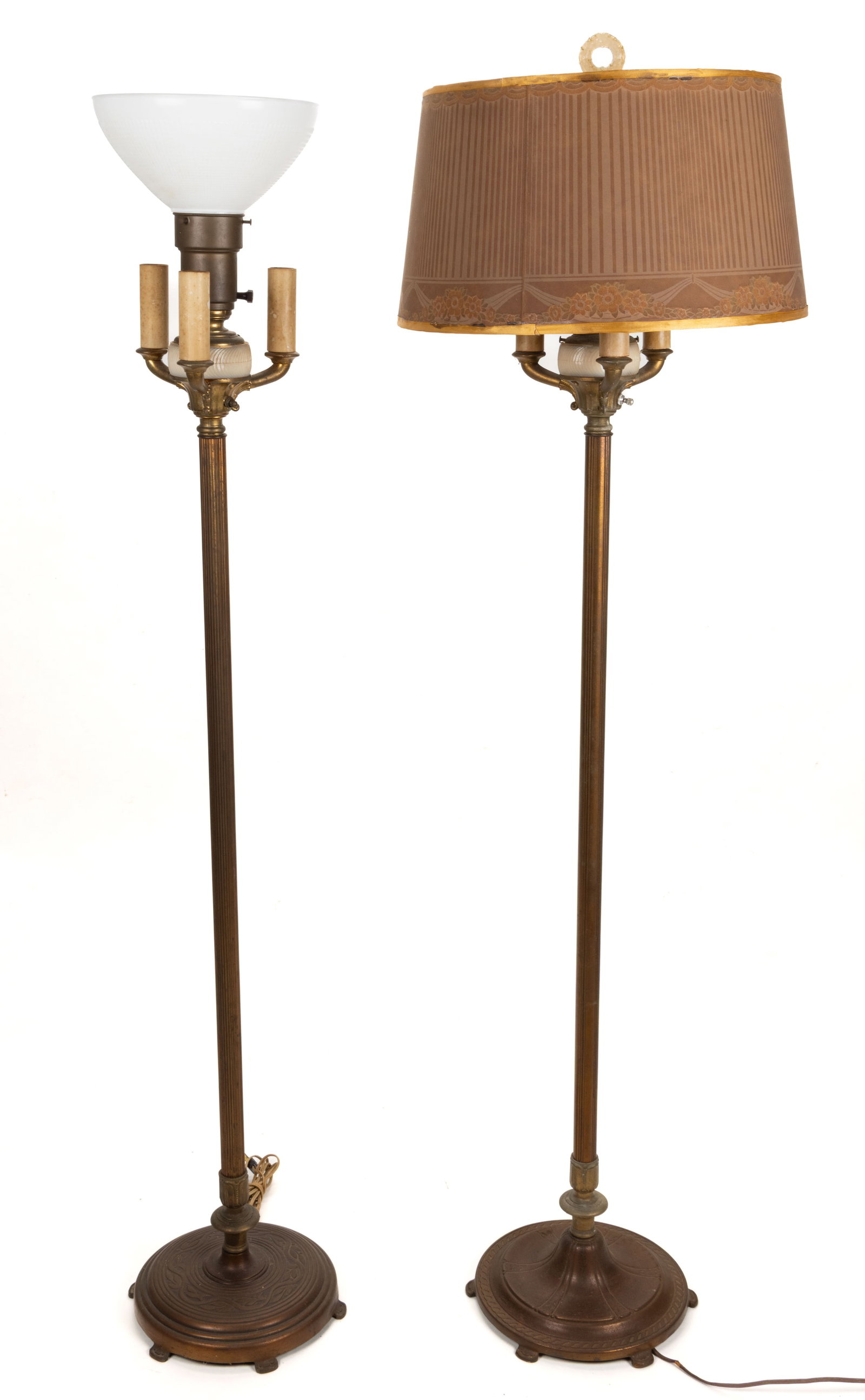ALADDIN MODEL 3958 AND 3962 NIGHT-LIGHT ELECTRIC FLOOR LAMPS, LOT OF TWO: ALADDIN MODEL 3958 AND 3962 NIGHT-LIGHT ELECTRIC FLOOR LAMPS, LOT OF TWO, Bronze-toned ("Plate Lustre") finish, two different bases embossed "ALADDIN" and "41174" or "41176" to their undersides which 