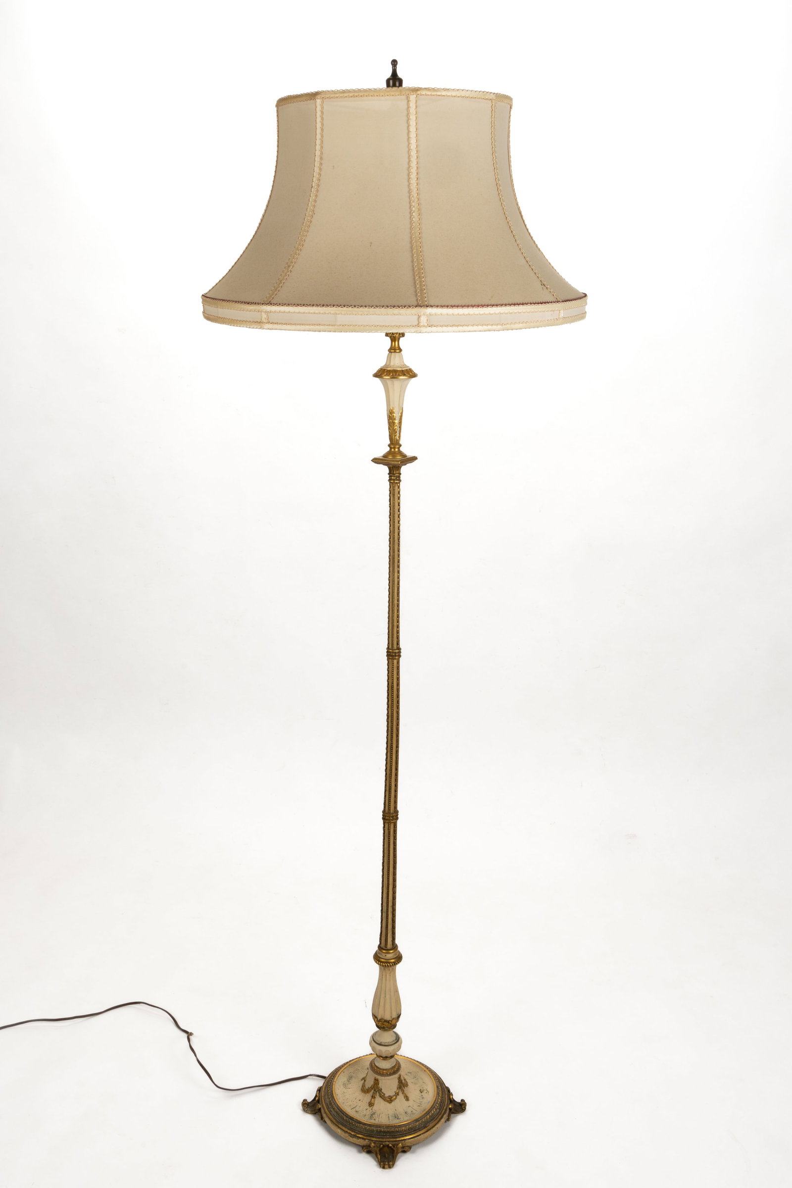 AMERICAN OR CONTINENTAL PARCEL-GILT BRONZE FLOOR LAMP: AMERICAN OR CONTINENTAL PARCEL-GILT BRONZE FLOOR LAMP, finely cast multi-part construction bronze lamp, central pole terminating in a circular foot with four feet, original three Bryan sockets with as
