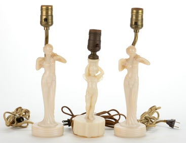 ALADDIN ALACITE GLASS FIGURAL ELECTRIC LAMPS, LOT OF THREE