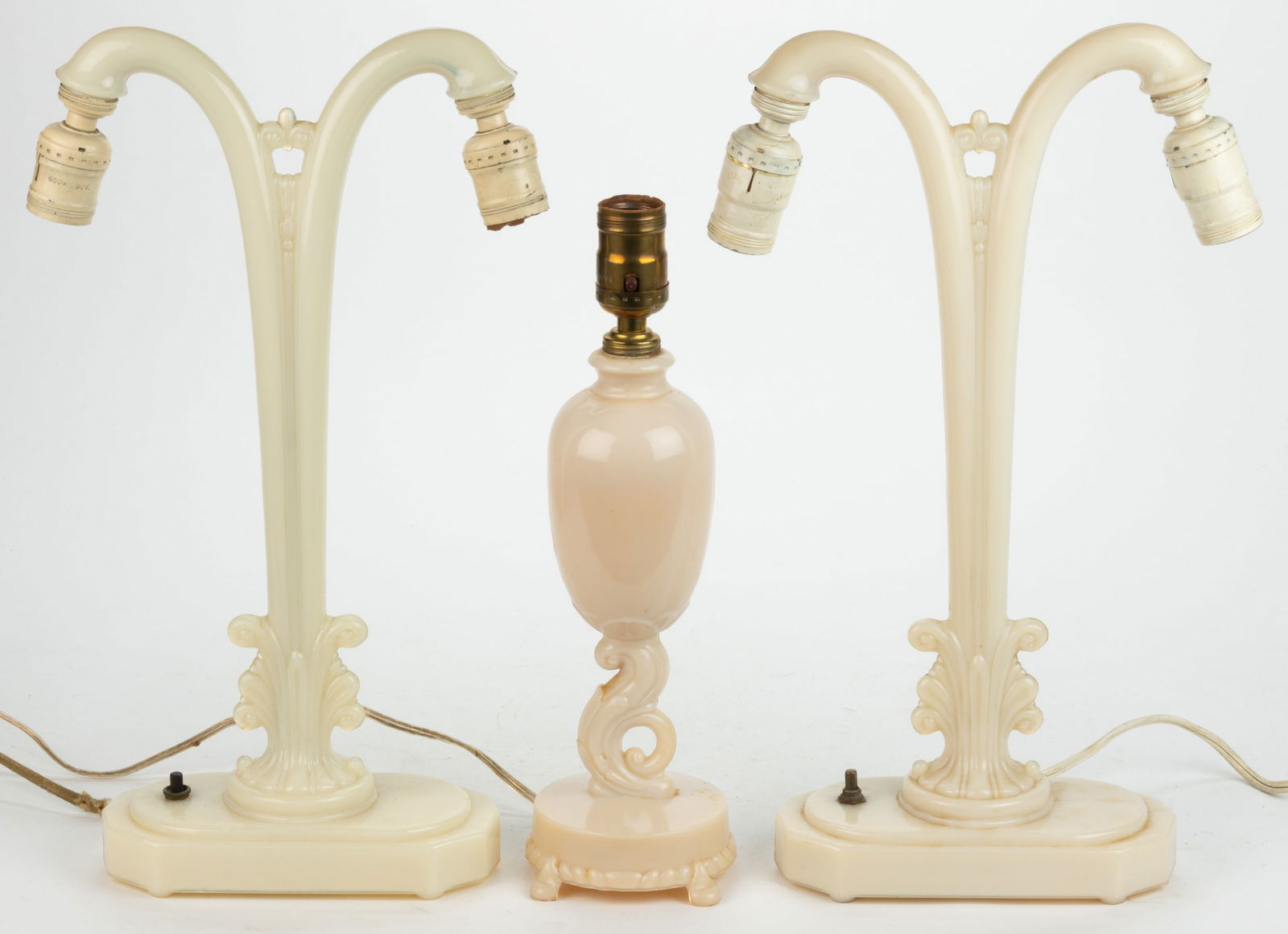 ALADDIN MODEL NO. G-226 AND G-229 ALACITE ELECTRIC TABLE LAMPS, LOT OF THREE: ALADDIN MODEL NO. G-226 AND G-229 ALACITE ELECTRIC TABLE LAMP, LOT OF THREE, Ivory Alacite (reacts under black light), each of an Art Nouveau style including a No. G-226 ovate urn with scroll connecti