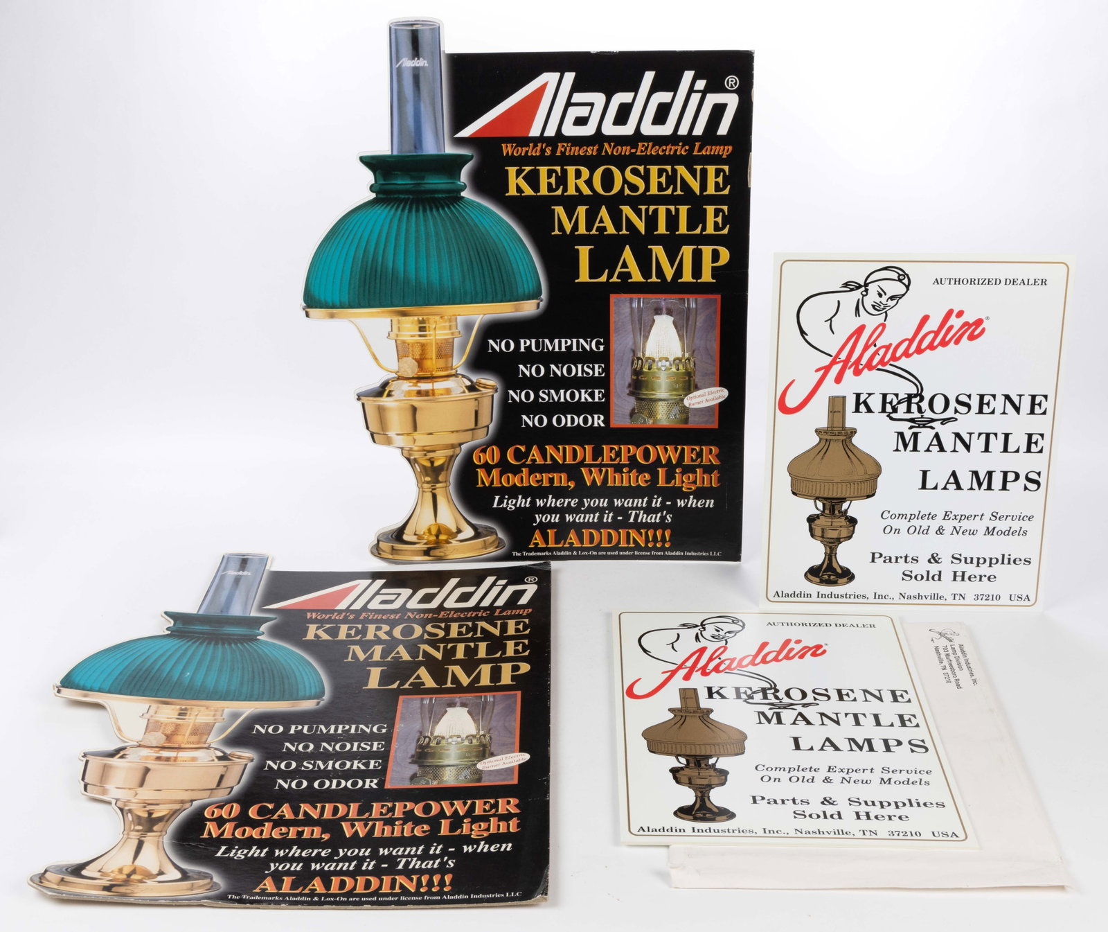 ASSORTED ALADDIN DEALER / MERCHANDISER ADVERTISING SIGNS, LOT OF FOUR: ASSORTED ALADDIN DEALER / MERCHANDISER ADVERTISING SIGNS, LOT OF FOUR, comprising two unused plastic-type rectangular-form examples for "Aladdin Kerosene Mantle Lamps", Aladdin Industries, Inc., Nashv