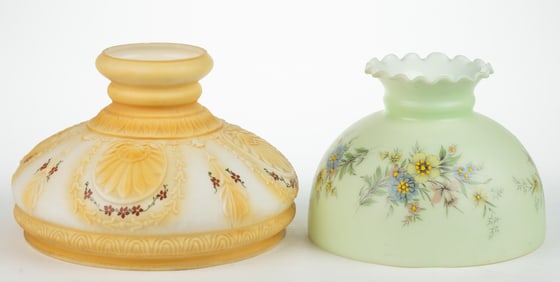 ASSORTED ENAMEL - DECORATED KEROSENE LAMP SHADES, LOT OF TWO