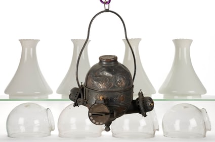 ANGLE LAMP CO. NO. 202 FLEUR-DE-LIS FOUR-ARM KEROSENE HANGING LAMP