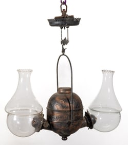 ANGLE LAMP CO. NO. 202 FLEUR-DE-LIS DOUBLE-ARM KEROSENE HANGING LAMP