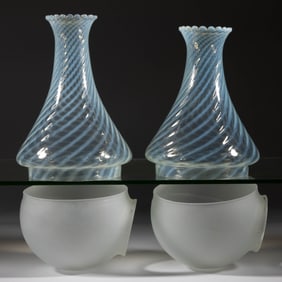 SWIRL OPALESCENT ANGLE LAMP ELBOW AND SHADE TOP, PAIR