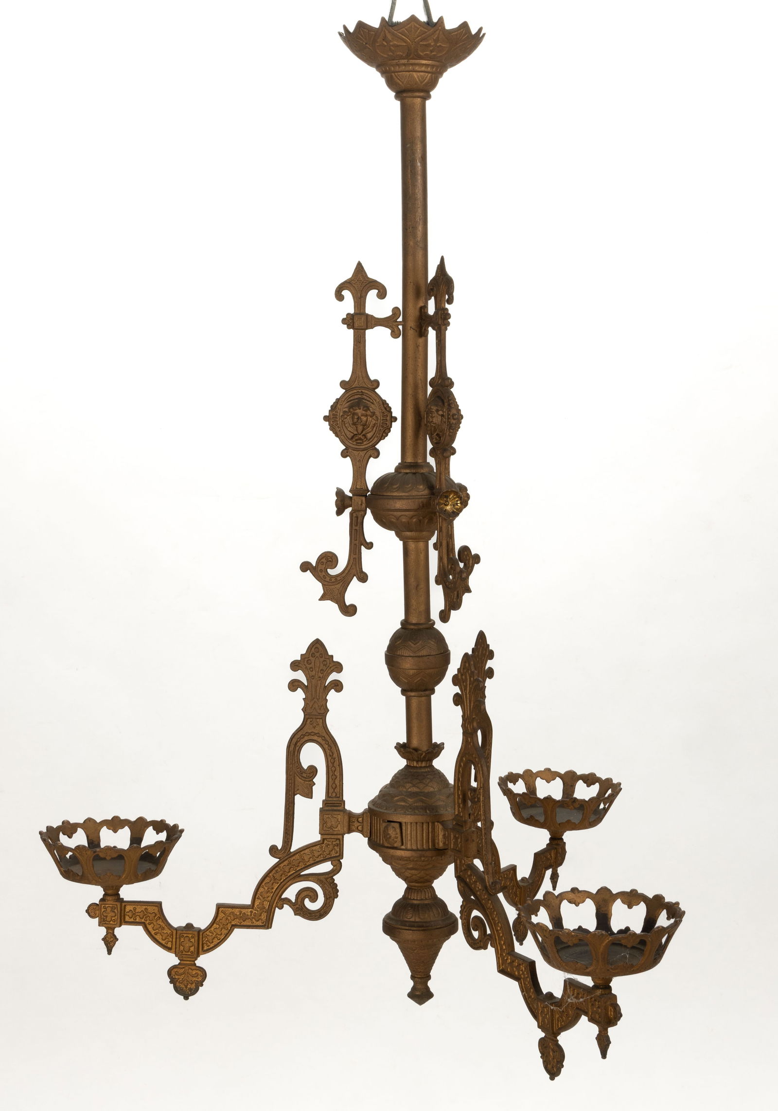 BRADLEY AND HUBBARD CAST-IRON THREE-ARM CHANDELIER HANGING LAMP FRAME: BRADLEY AND HUBBARD CAST-IRON THREE-ARM CHANDELIER HANGING LAMP FRAME, gold enamel, heavy ornamentation of fleur-de-lis, scrolls, and other ornamentation, top of shaft with three attached plates with