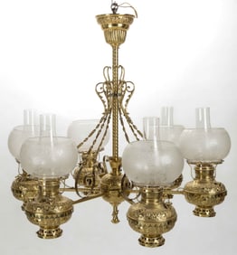 MILLER LAMP CO. STAMPED BRASS SIX-ARM CHANDELIER